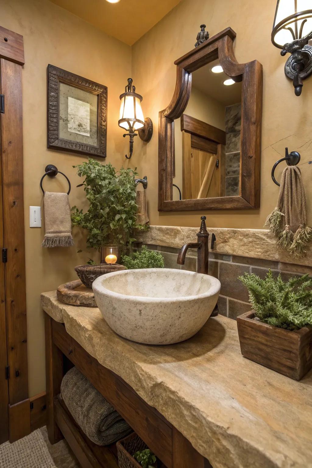 A custom stone sink serves as a striking centerpiece in a rustic bathroom.