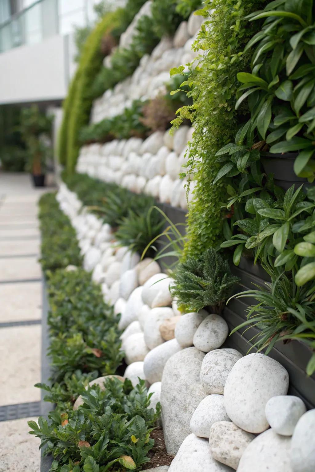 A unique vertical garden featuring white rocks, adding dimension and offering a fresh perspective.