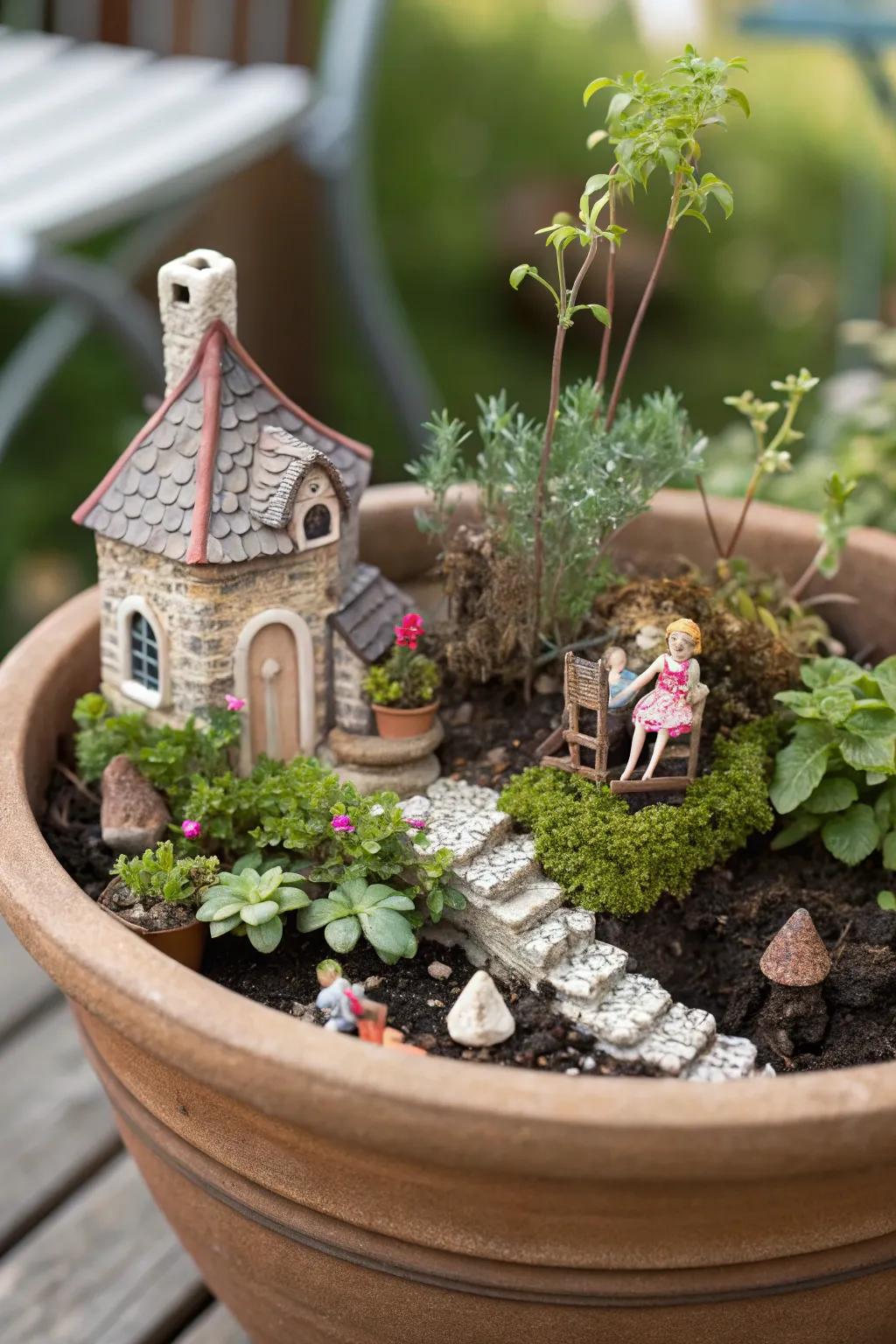 A whimsical fairy garden nestled in a flower pot.