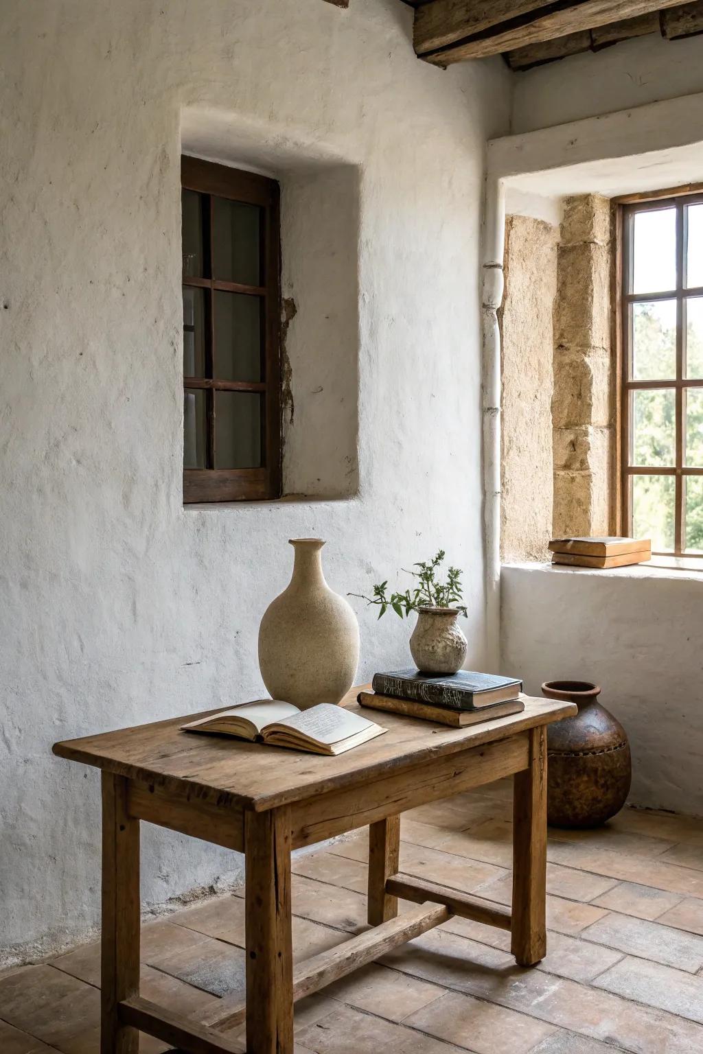 A serene minimalist room with high-quality rustic touches.