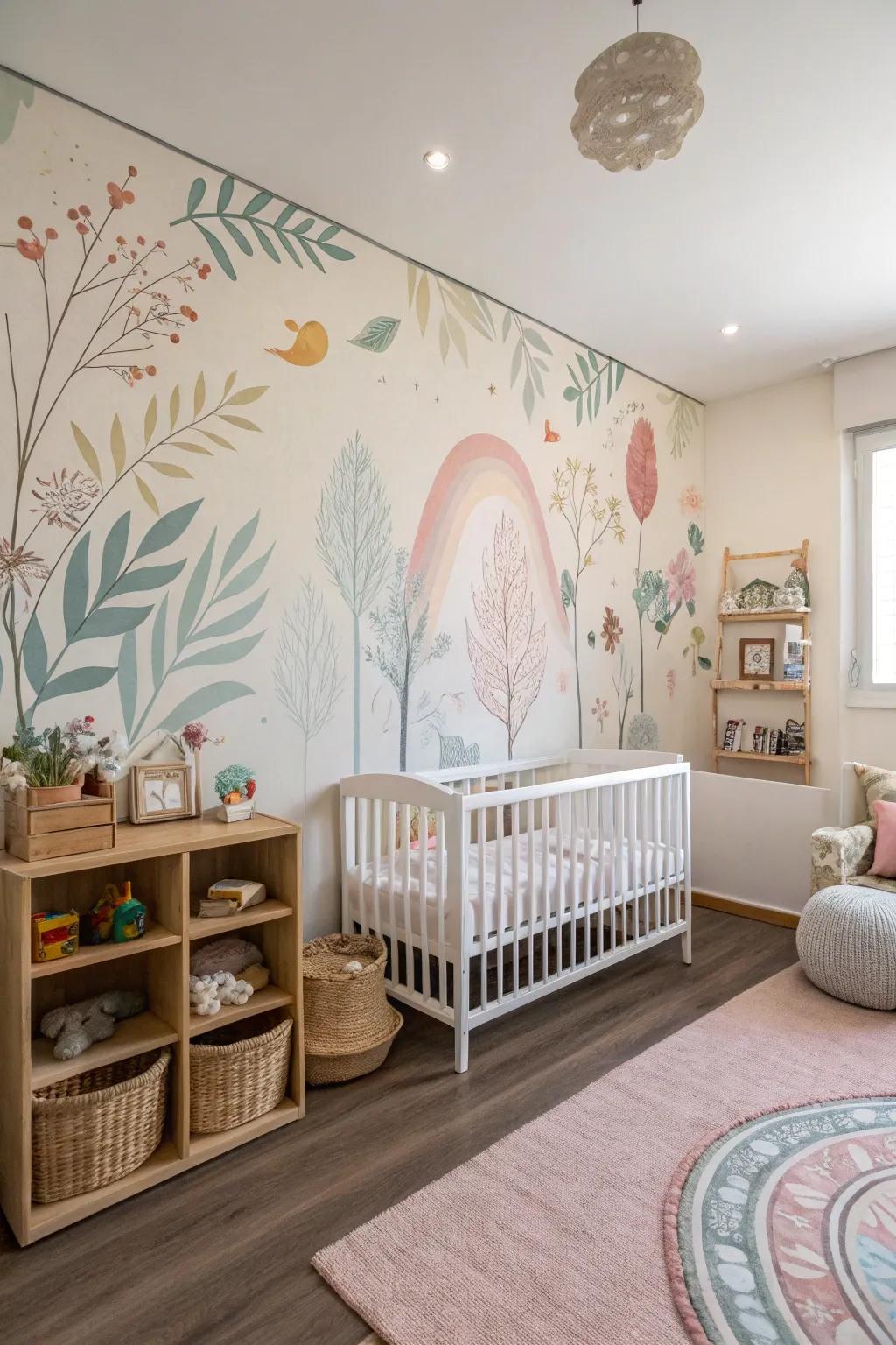 An enchanting nursery with a creative mural feature.