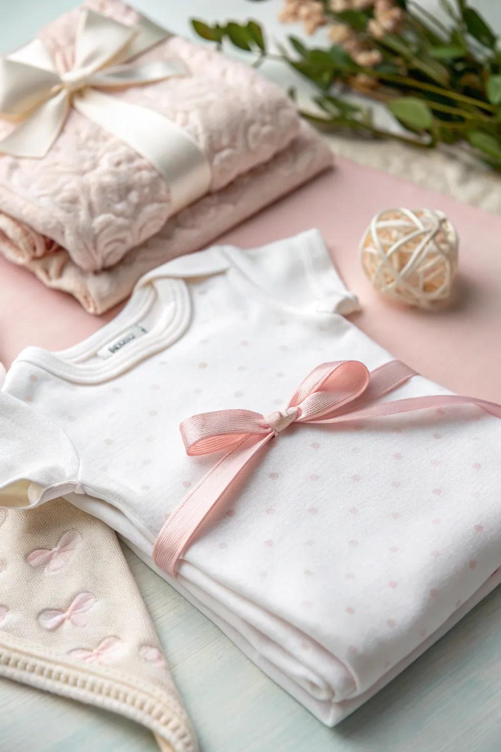 A sweet onesie featuring a charming ribbon bow.