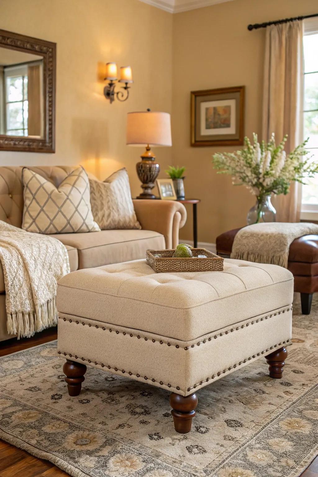 An ottoman in soft neutral tones offers understated elegance.