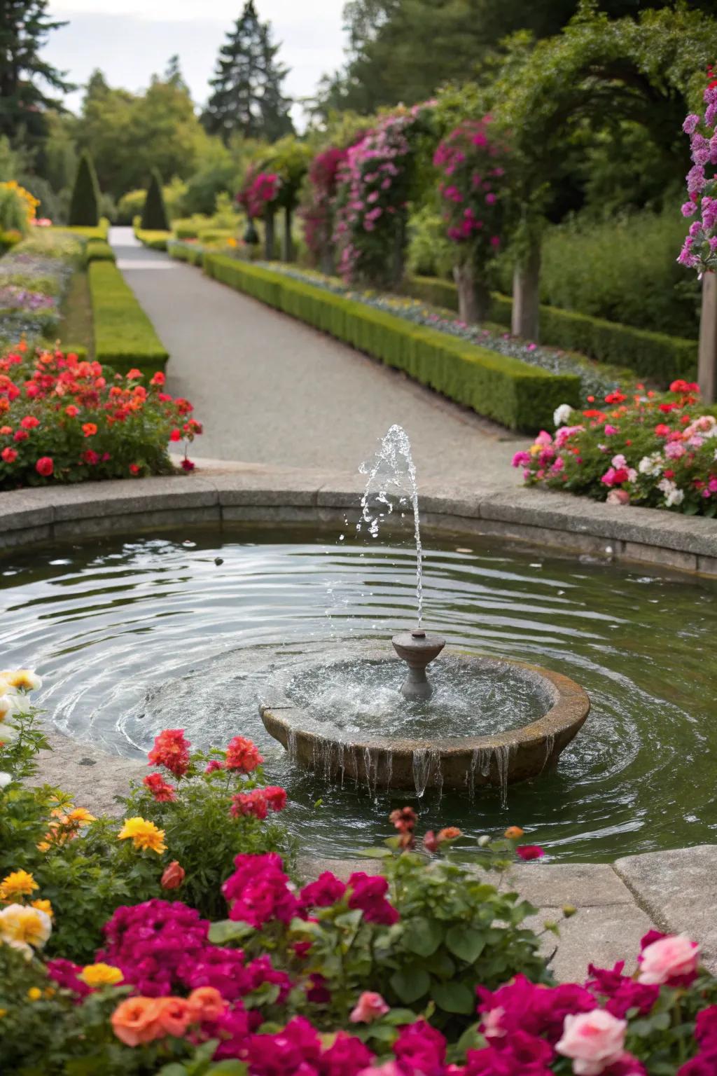 A water feature surrounded by flowers, adding tranquility to the garden.