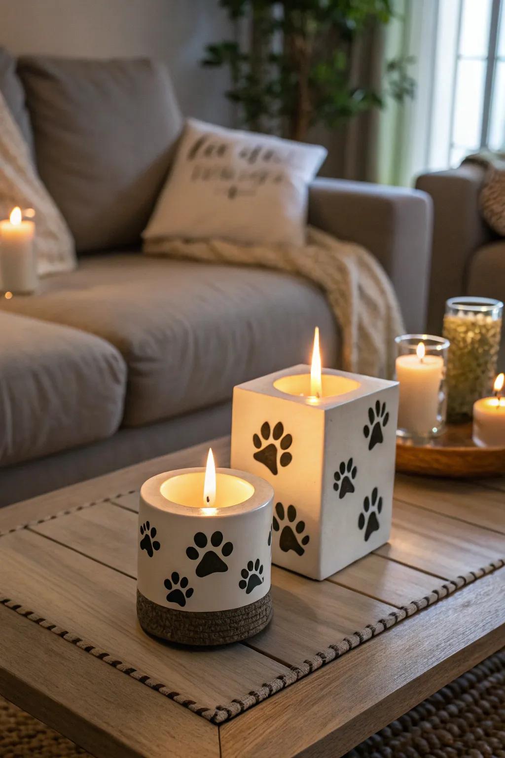 Decorative paw print candle holders casting a warm glow.