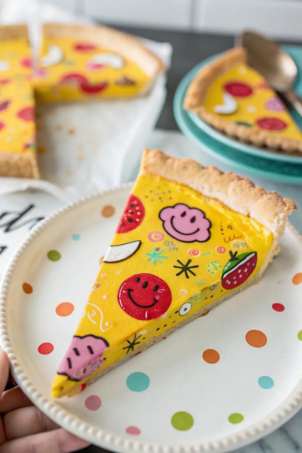 A pie slice with a fun and playful presentation.