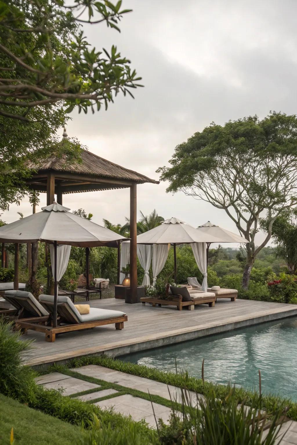 A meditation space offers tranquility and shade by the pool.