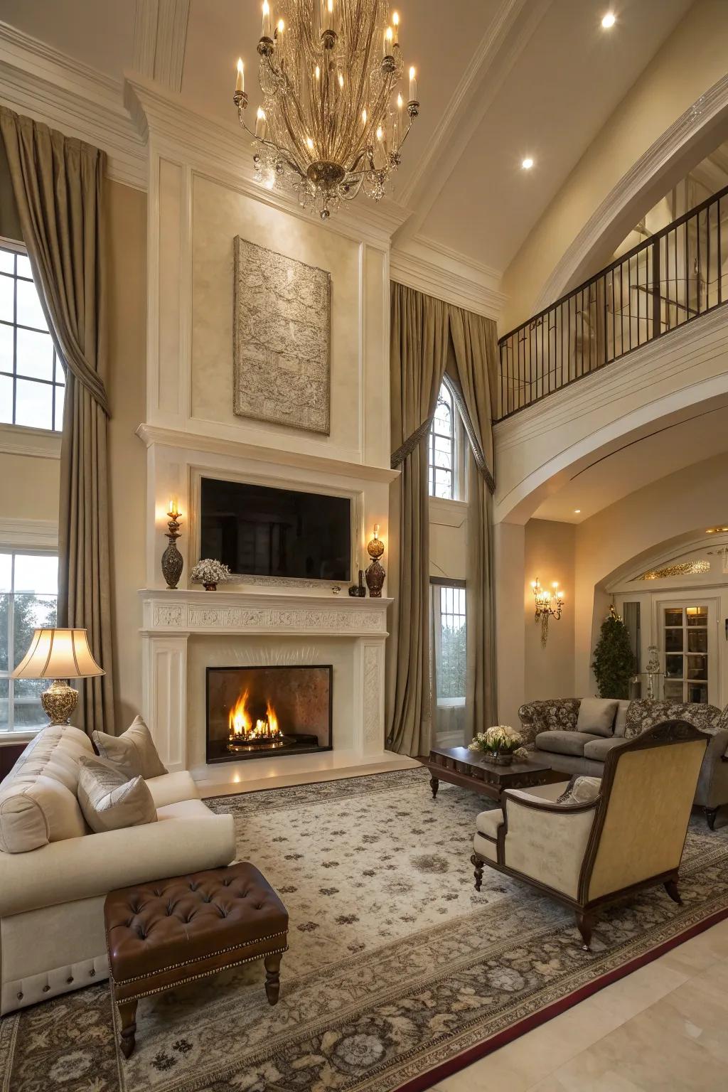 A grand living room featuring a double-height propane fireplace.