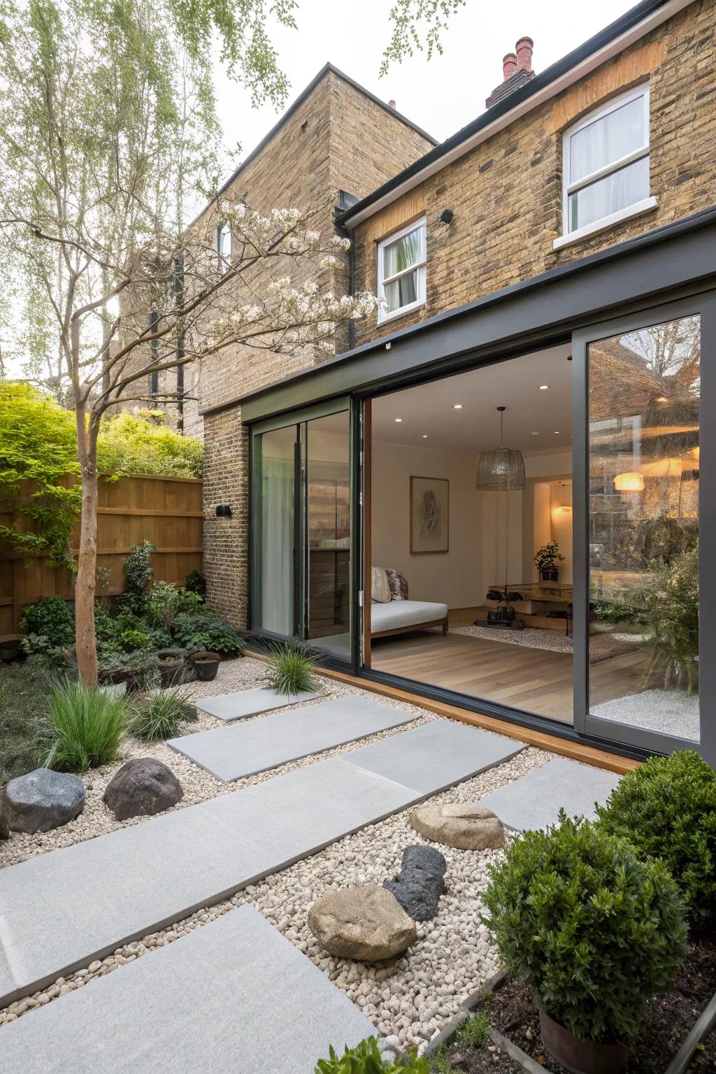 A tranquil rear house extension connected to a serene Zen garden.