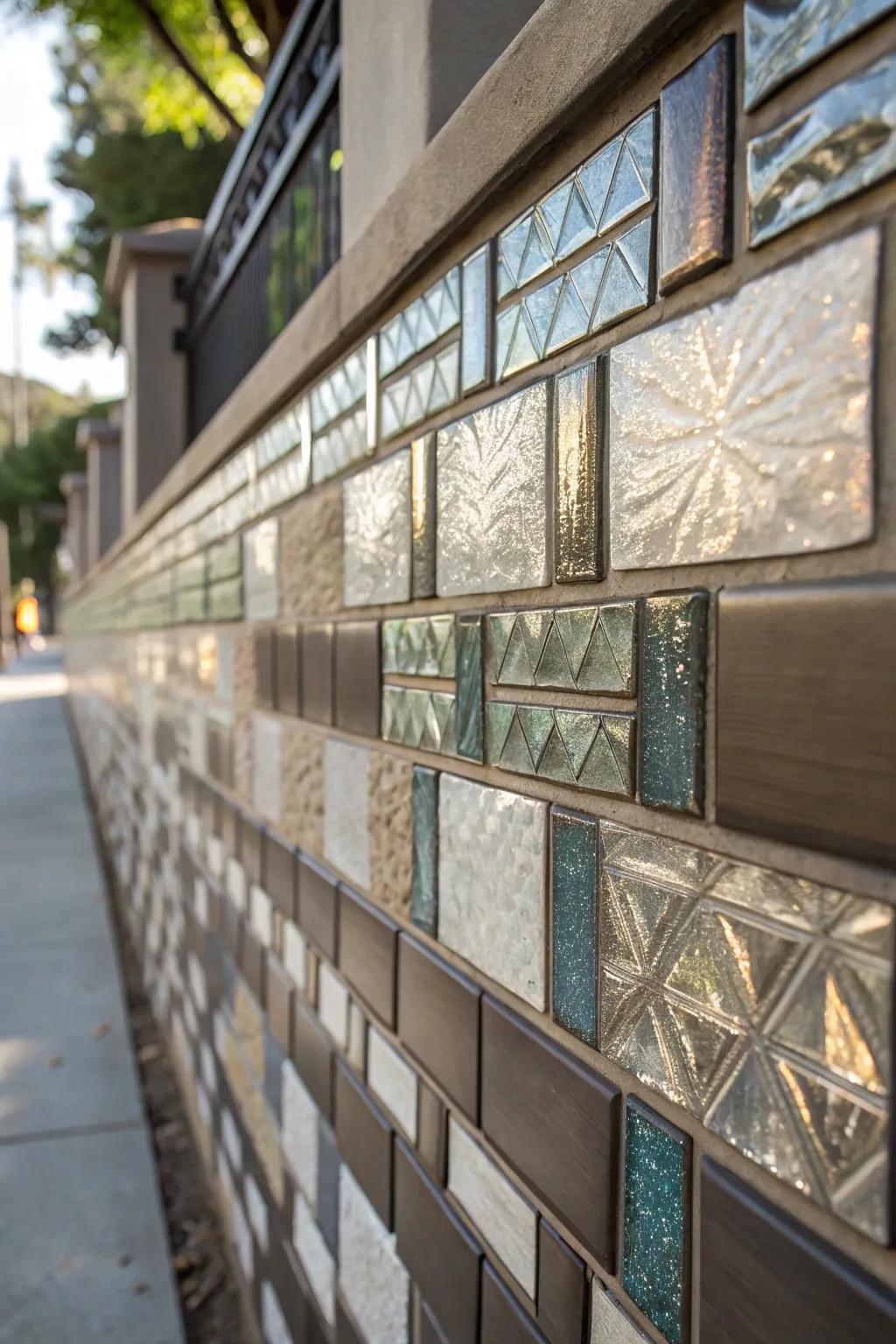 Mixed media tiles create a uniquely textured feature wall.