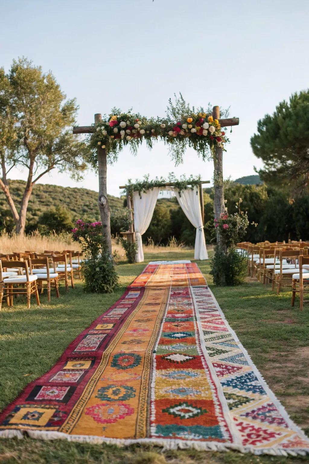 A path of eclectic rugs leading to a rustic arch, adding color and texture.