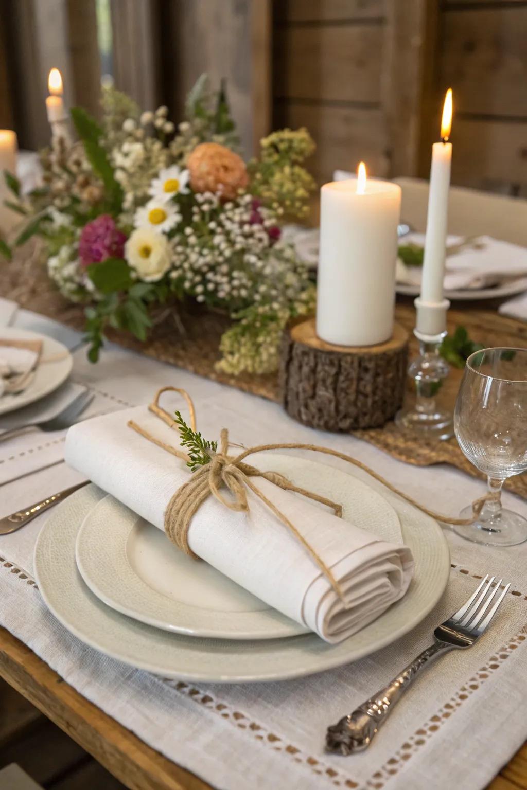 Twine and ribbon details adding charm to the table setting.