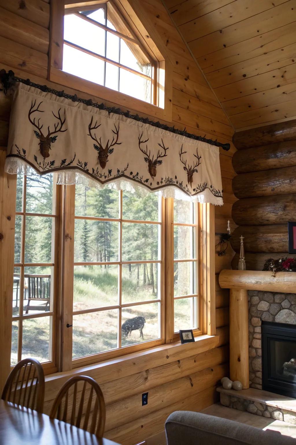 A rustic cabin with a valance featuring antler elements, adding an outdoorsy appeal.