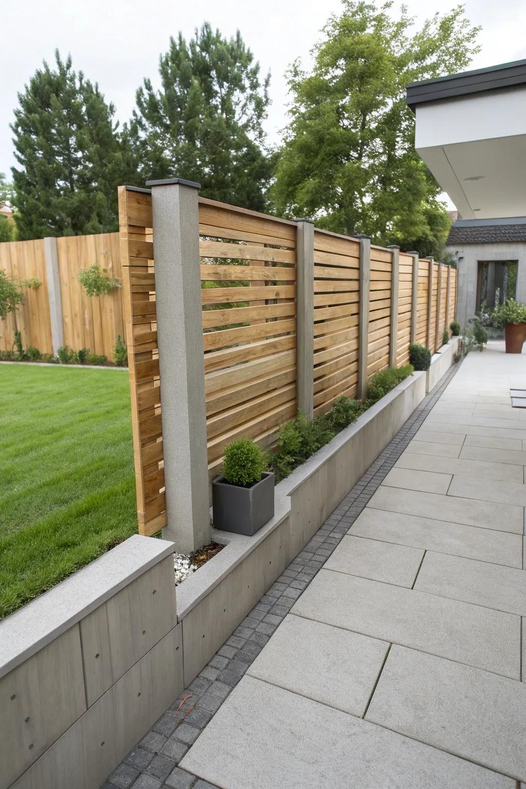 Concrete and wood slats combine for a sleek, durable fence in this urban garden setting.