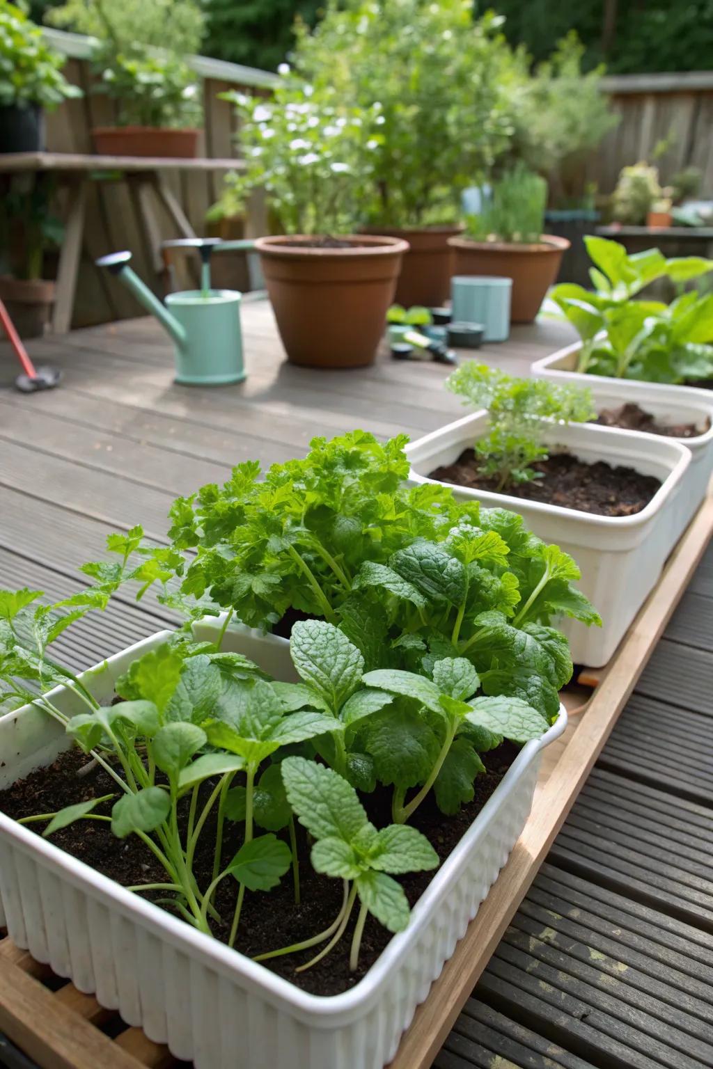 An edible shade garden with containers featuring mint and parsley.