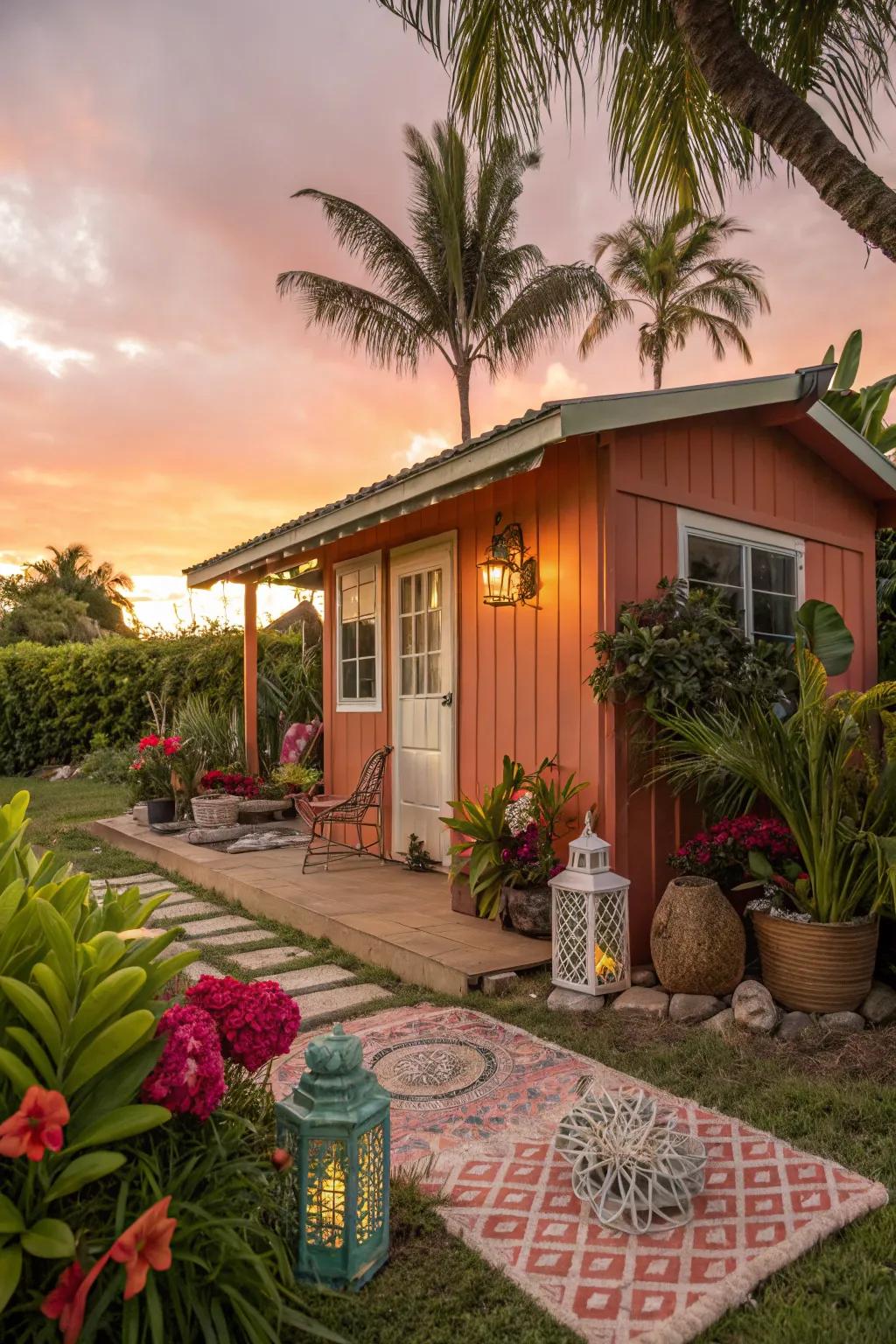 Sunset coral sheds add a touch of tropical paradise to your garden.