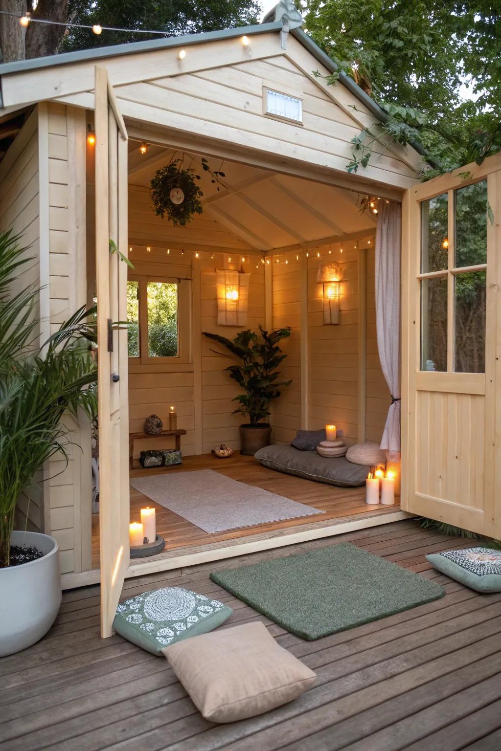 A garden shed transformed into a serene meditation space.