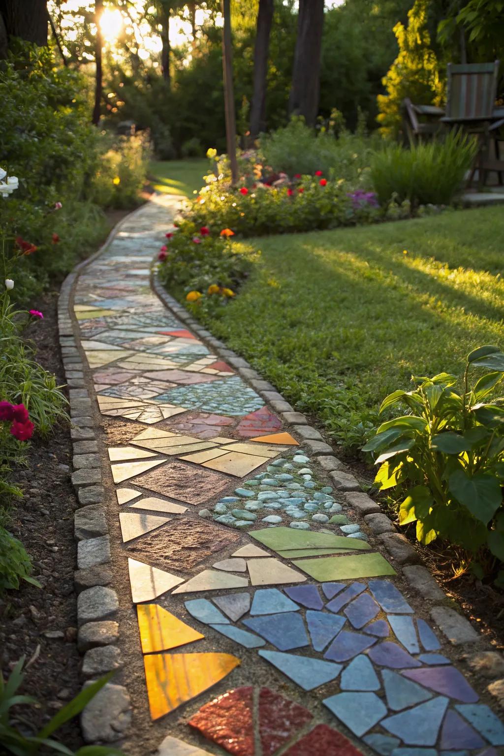 Mosaic glass paths create a shimmering, colorful walkway.