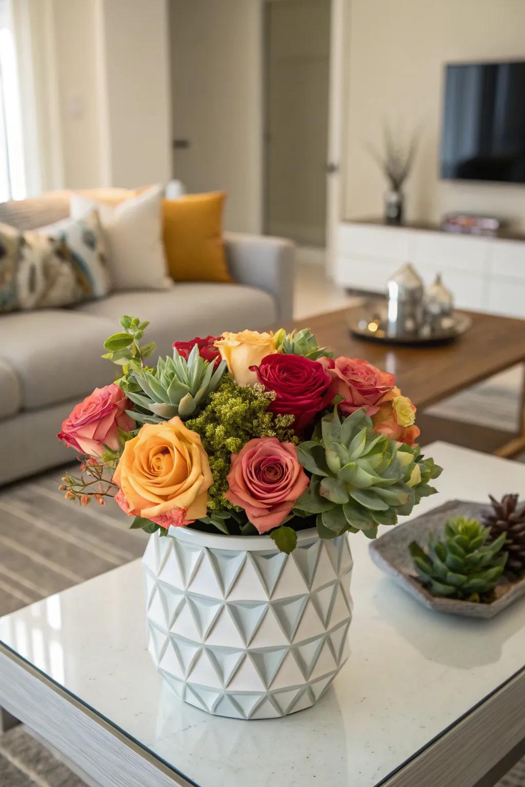 A unique combination of roses and succulents.