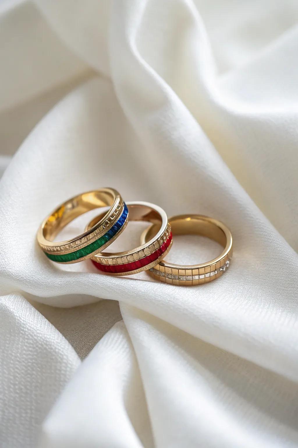 A set of tri-colored bands offering a blend of elegance and versatility.