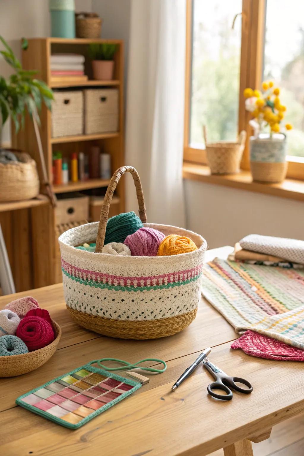 Temporary storage bins help manage in-progress projects without cluttering your space.