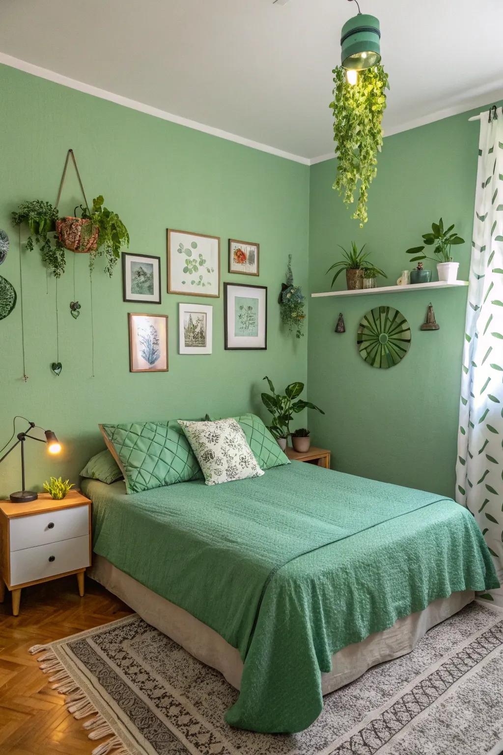 Green accessories subtly tie the room together.