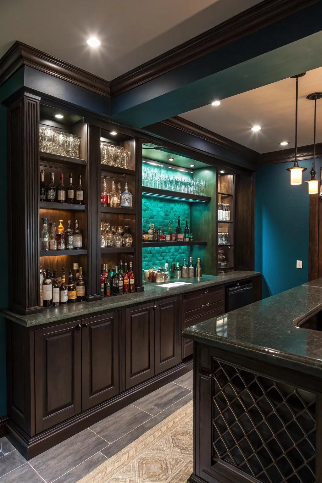 A moody, dramatic style creates a cozy and intimate bar atmosphere.