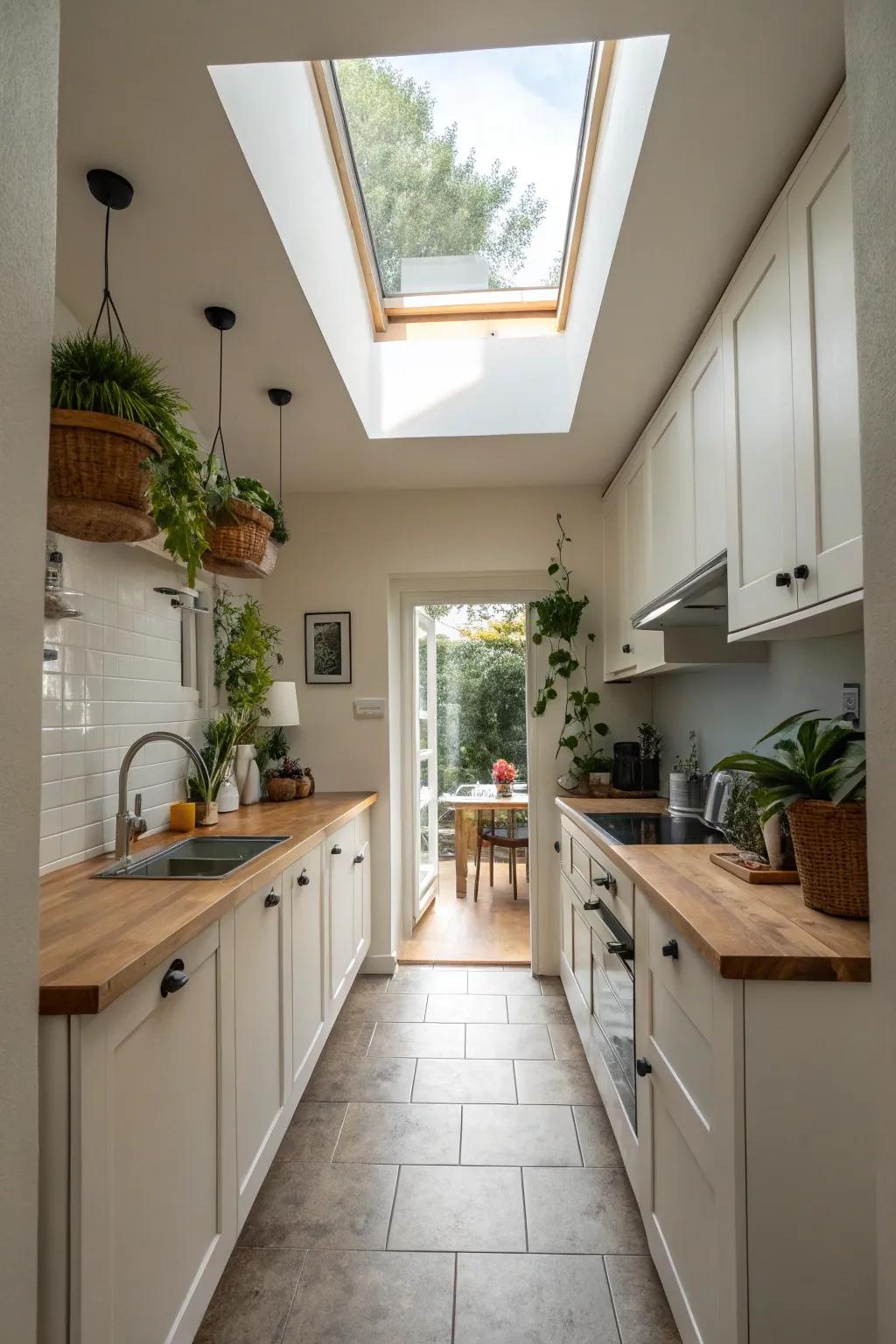 A skylight brings an airy and bright atmosphere to this kitchen.