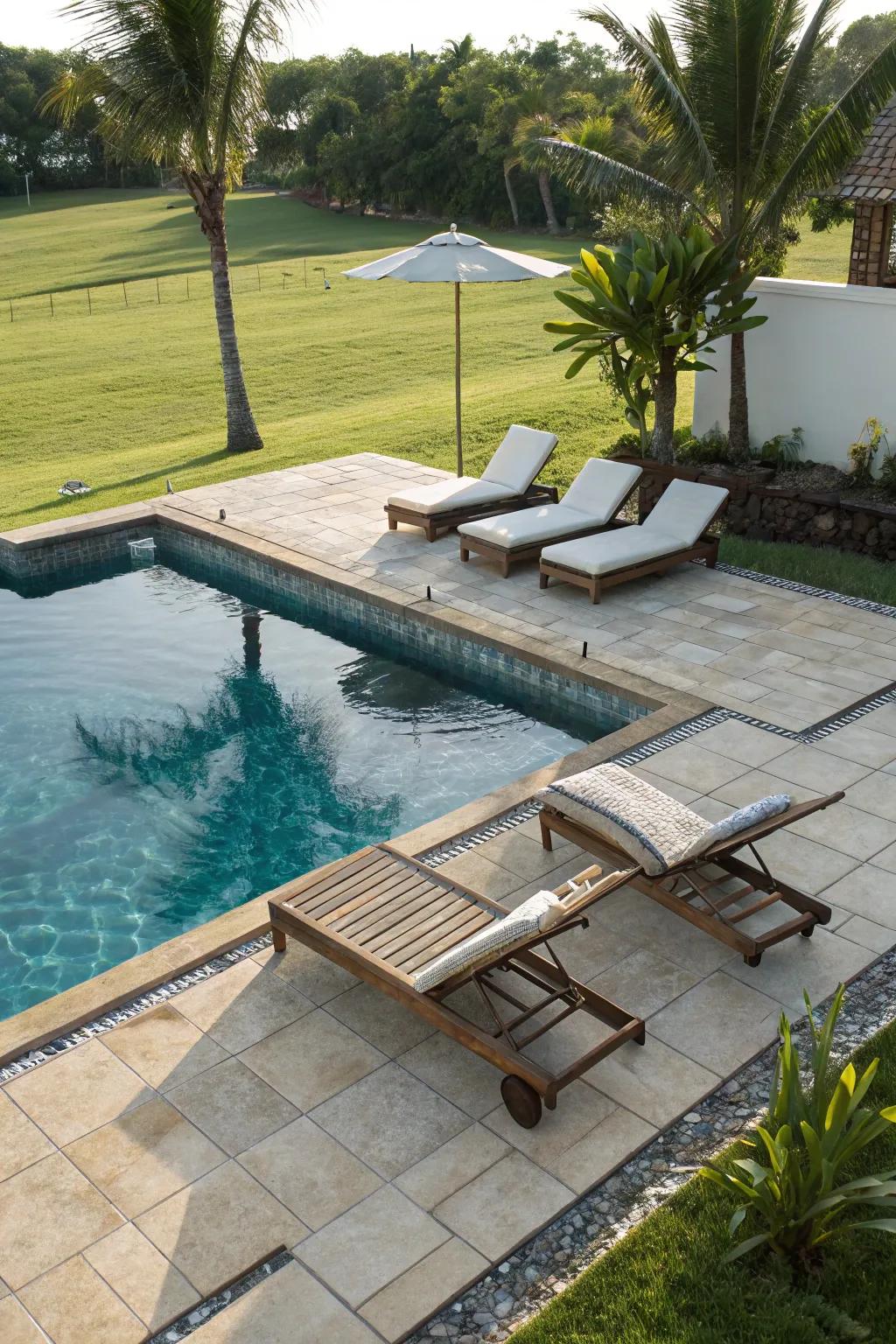 A tanning ledge provides a perfect spot for sunbathing and relaxation.