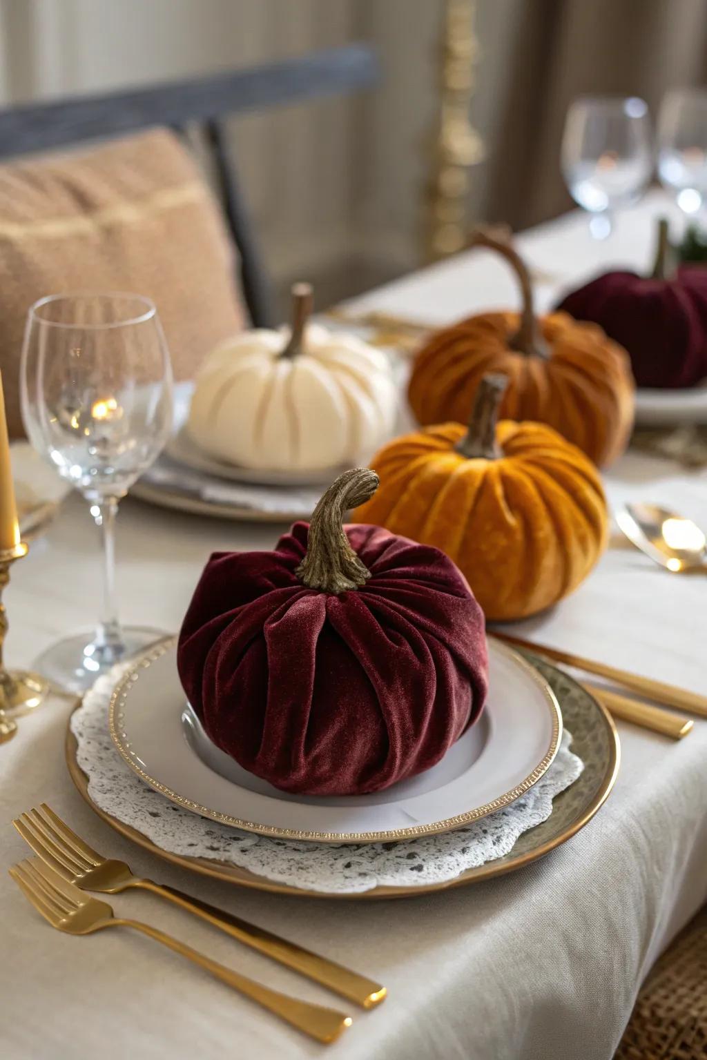 Velvet-covered pumpkins exude elegance and sophistication.