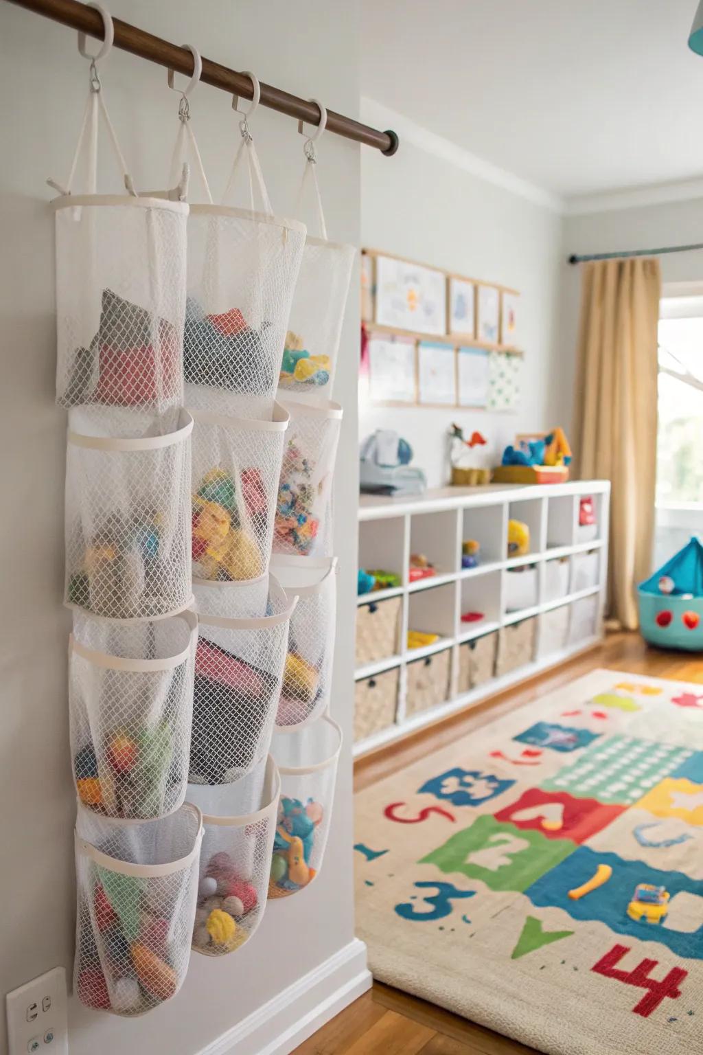 Hanging storage bags for organizing small toys.