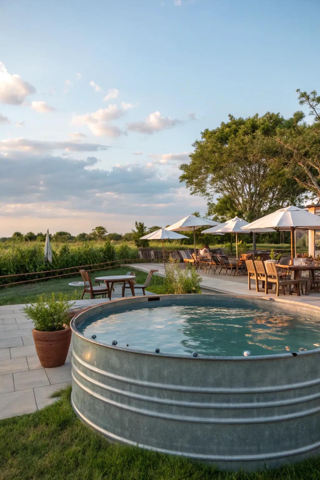 An outdoor seating area makes the stock tank pool a social hub.