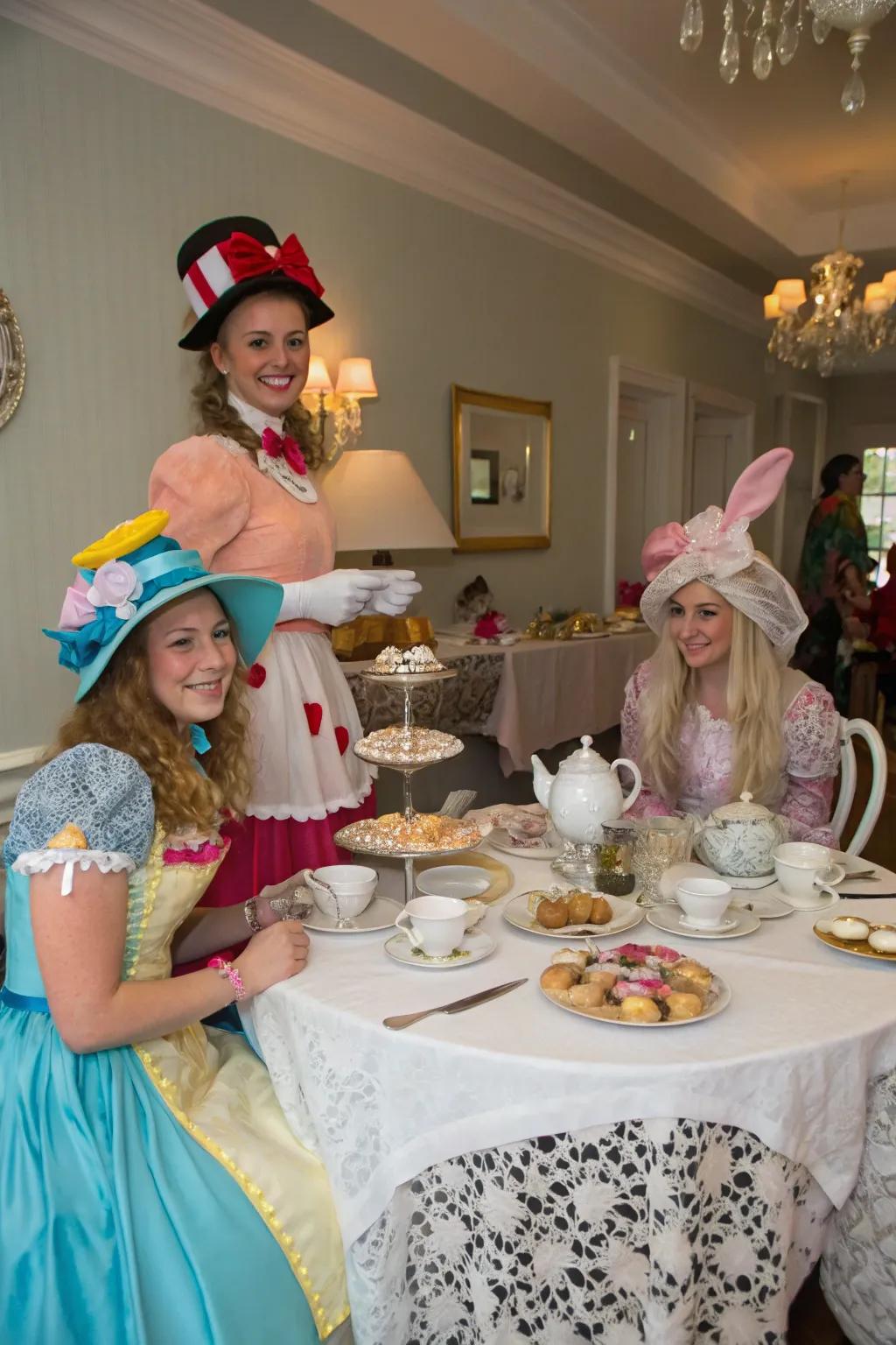 Whimsical costumes add a playful and creative touch to the tea party.