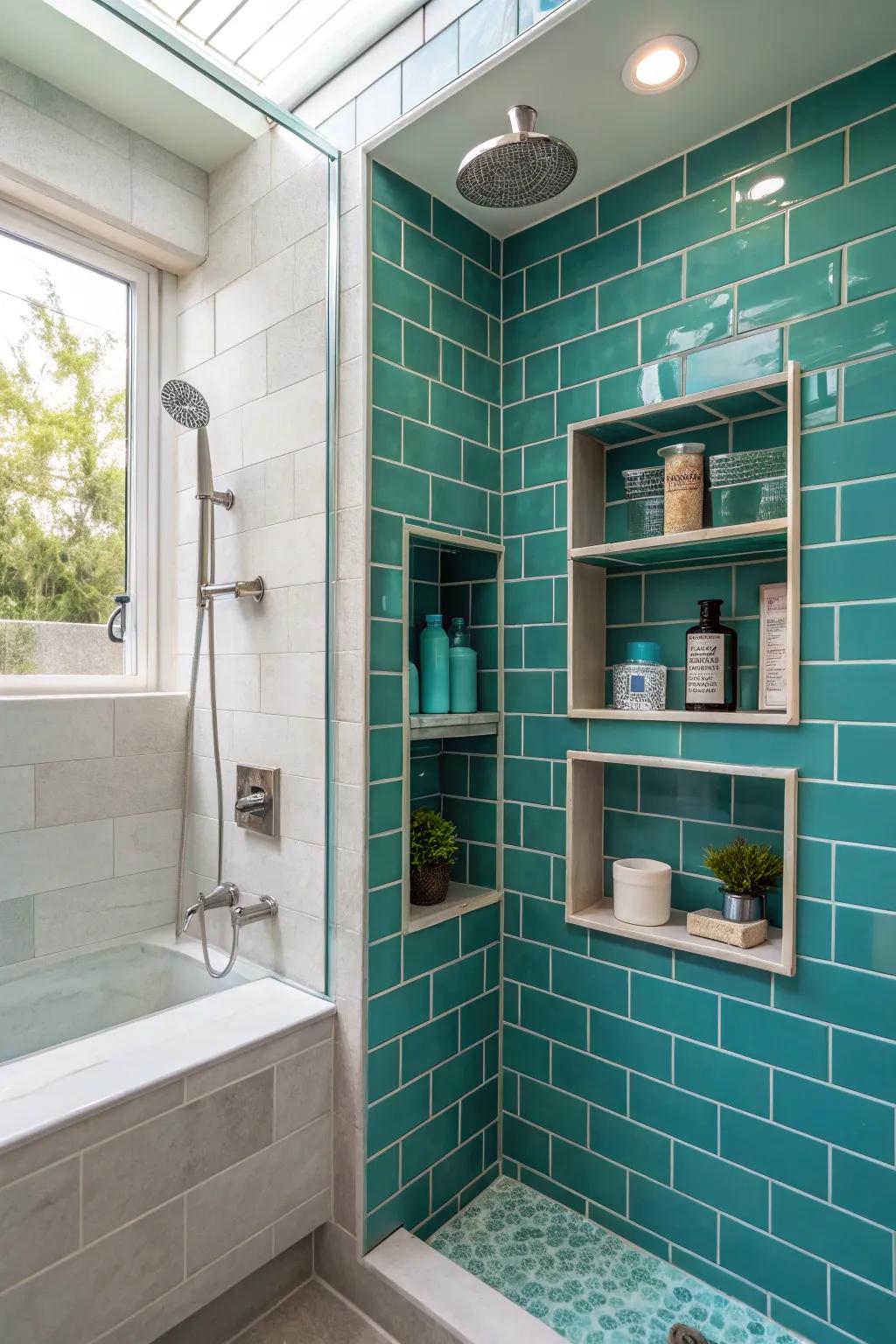 Teal tile niches add practical storage and style to your shower.