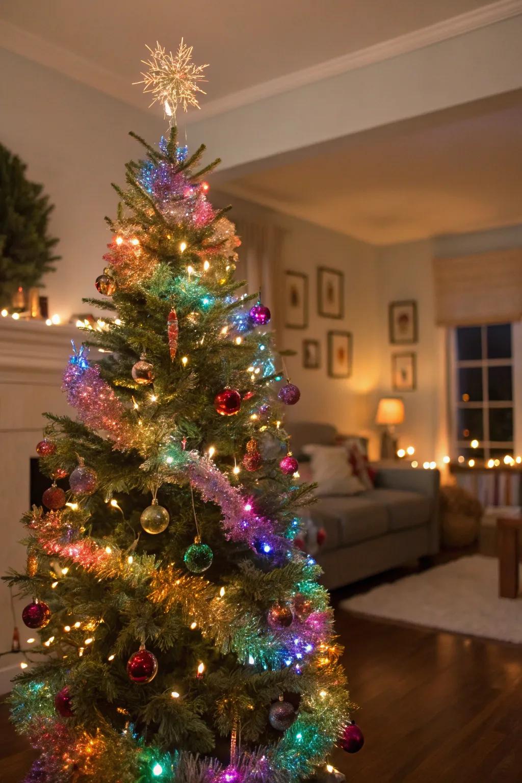 A subtly shimmering home decor scene with an iridescent tinsel Christmas tree.