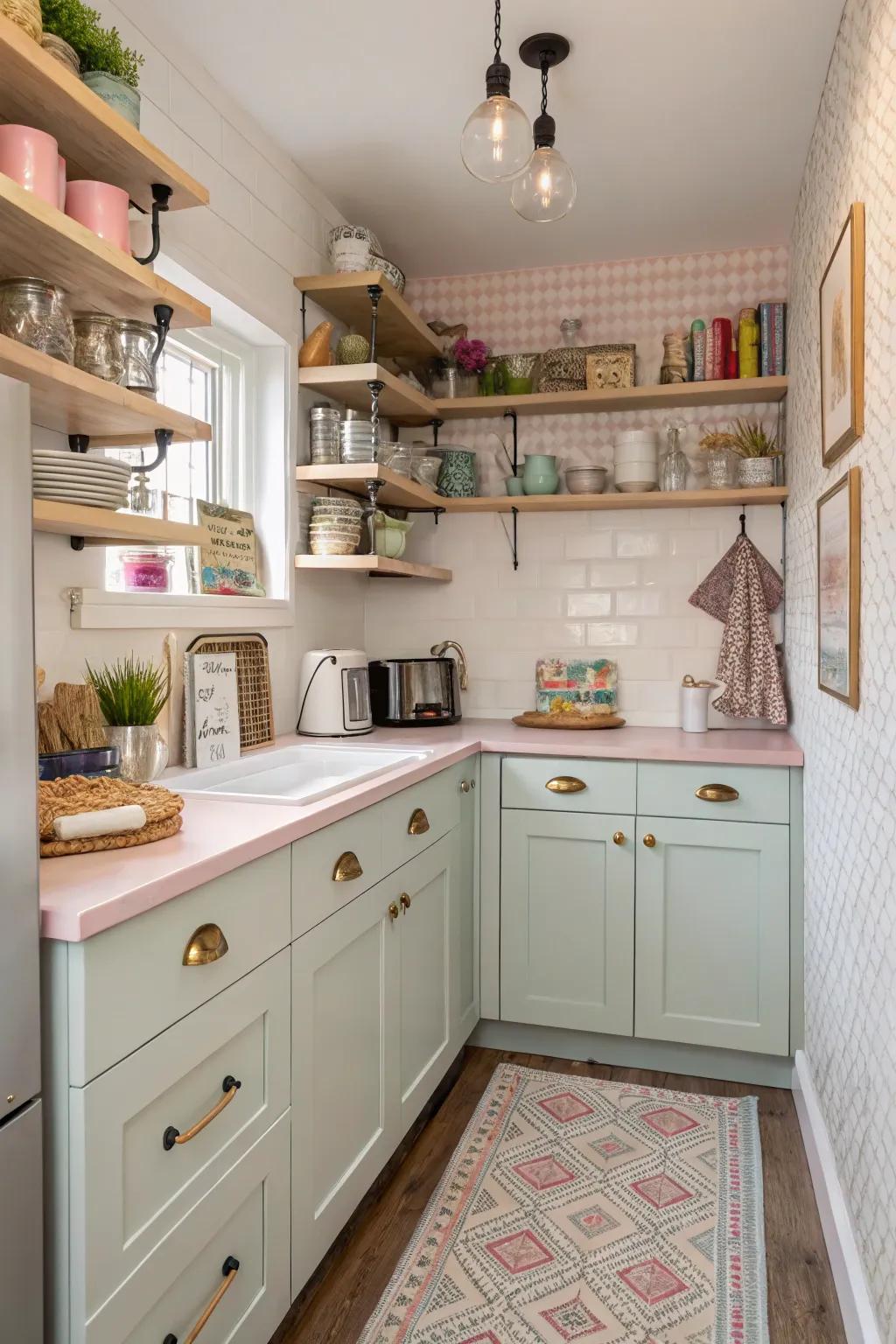 Nooks and crannies offer clever storage and decor solutions in tiny kitchens.