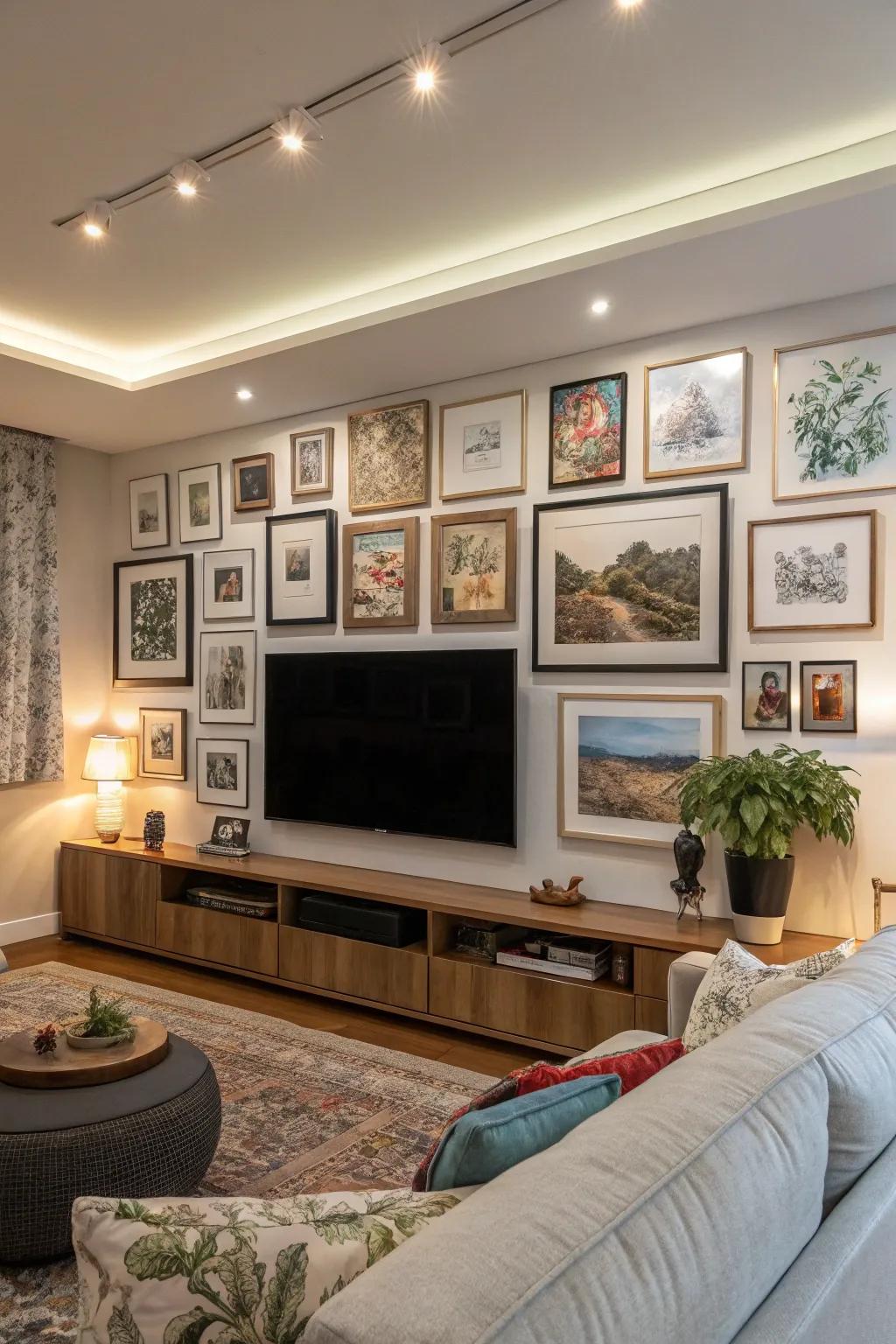 A gallery wall that artfully integrates the TV.