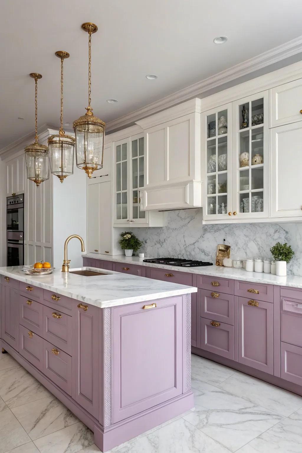 An elegant lilac and white kitchen for a refined look.