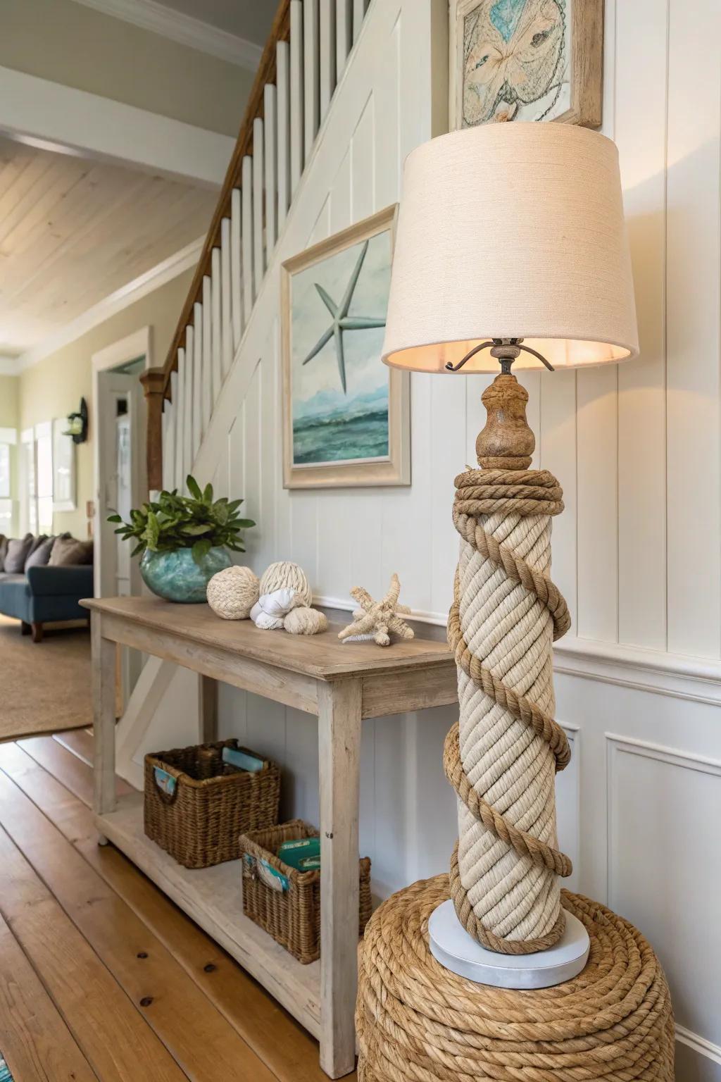 Warm textures with a rope-wrapped lamp.