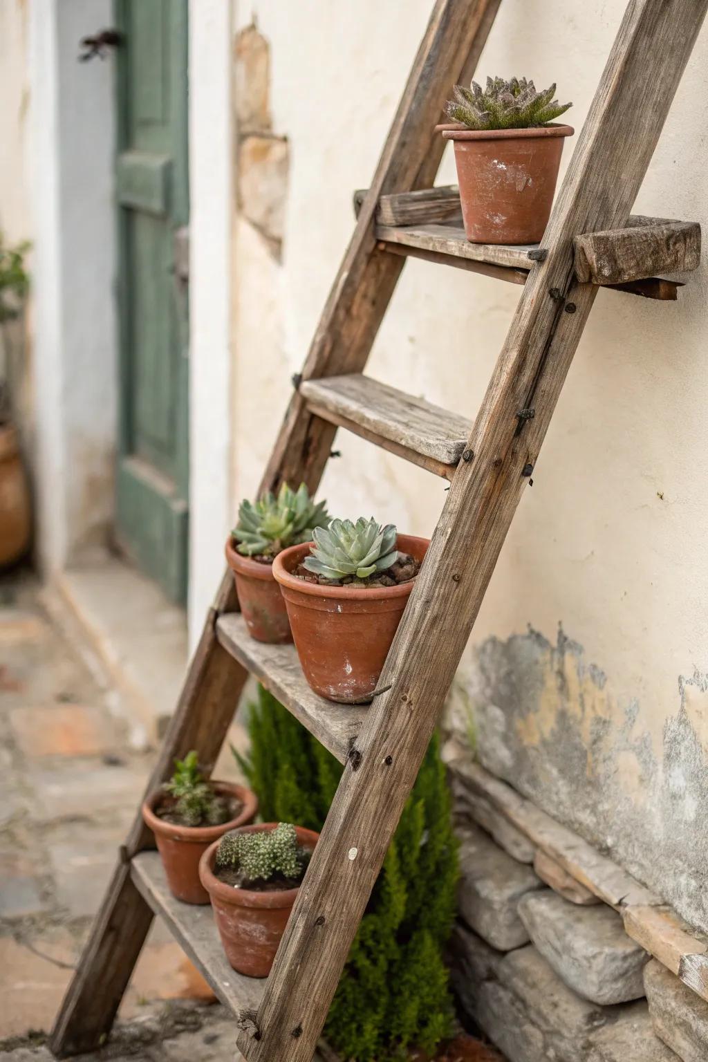 A rustic ladder transformed into a tiered succulent plant stand.