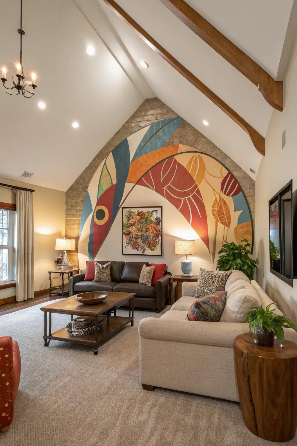 Living room with vaulted ceiling and abstract mural accent wall