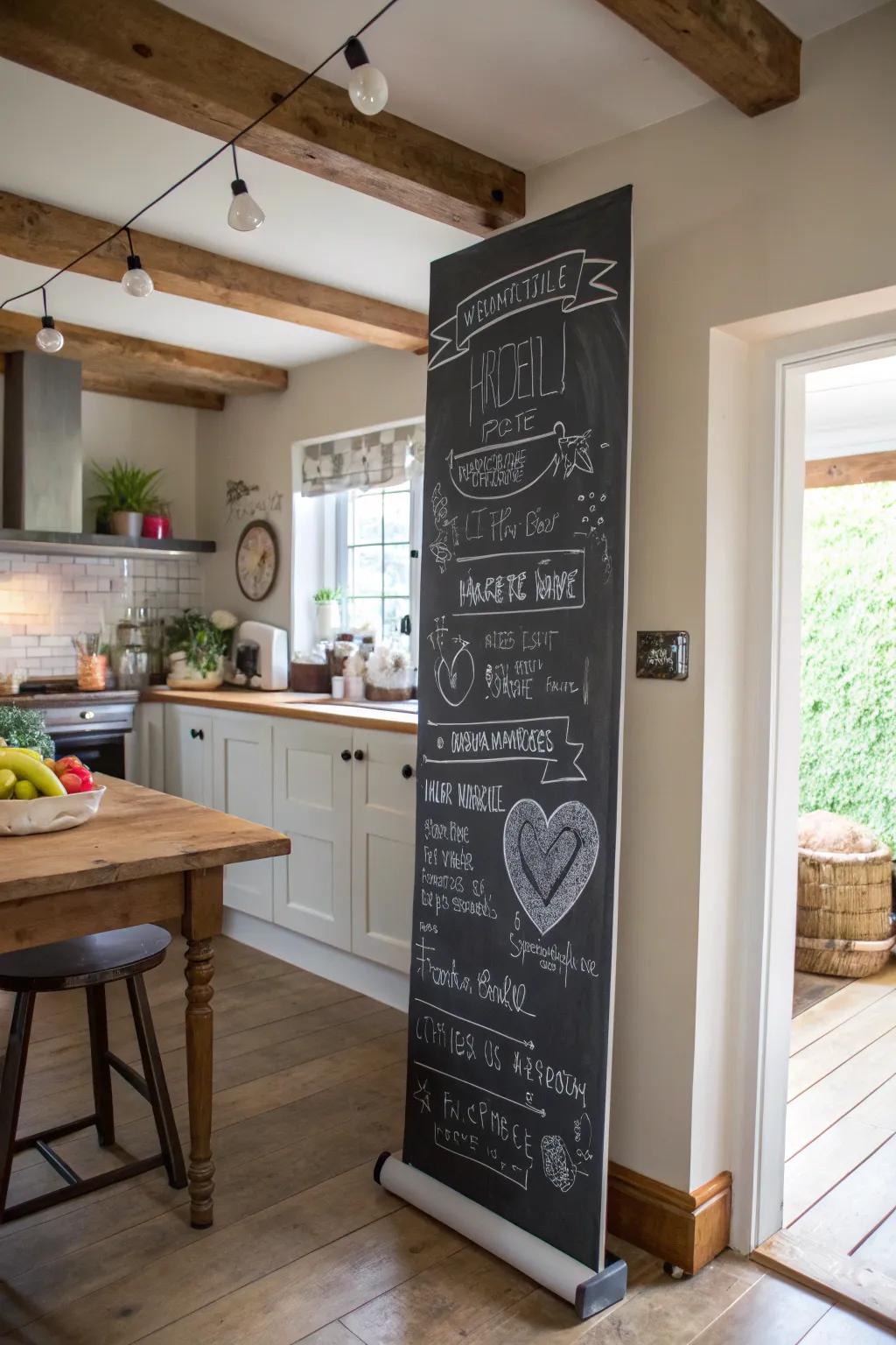 An interactive chalkboard banner offers a dynamic touch to a family kitchen.