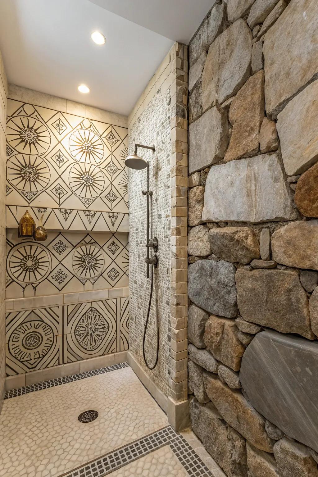 Shower with unique tile shapes and stone walls.