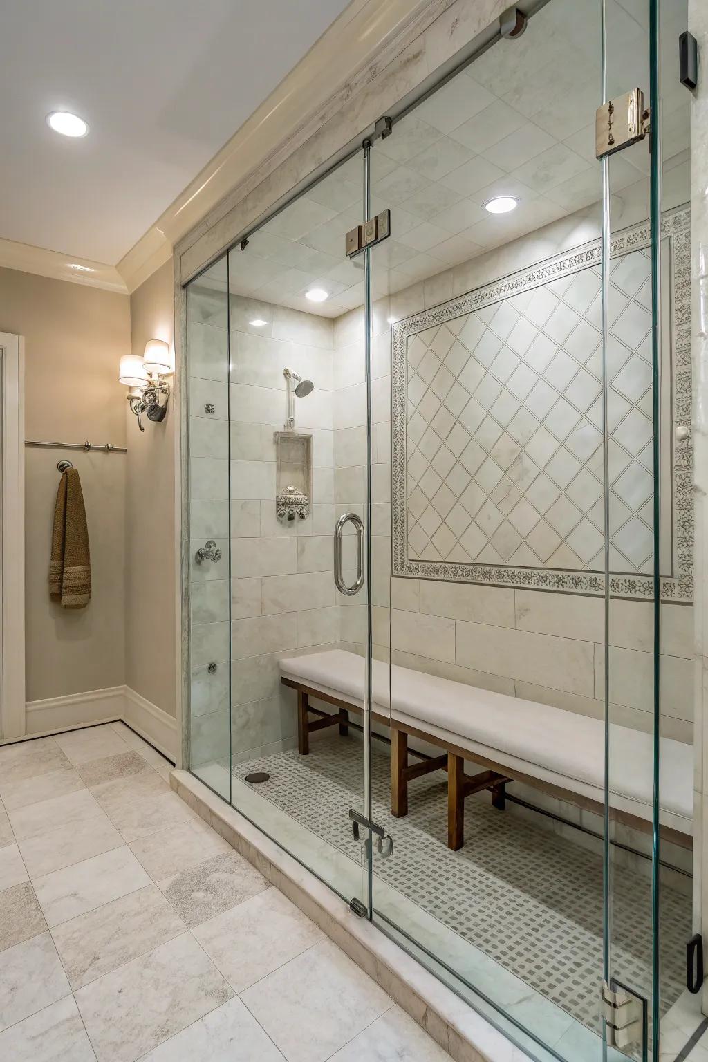 A glass-enclosed bench maintains an open and seamless shower design.