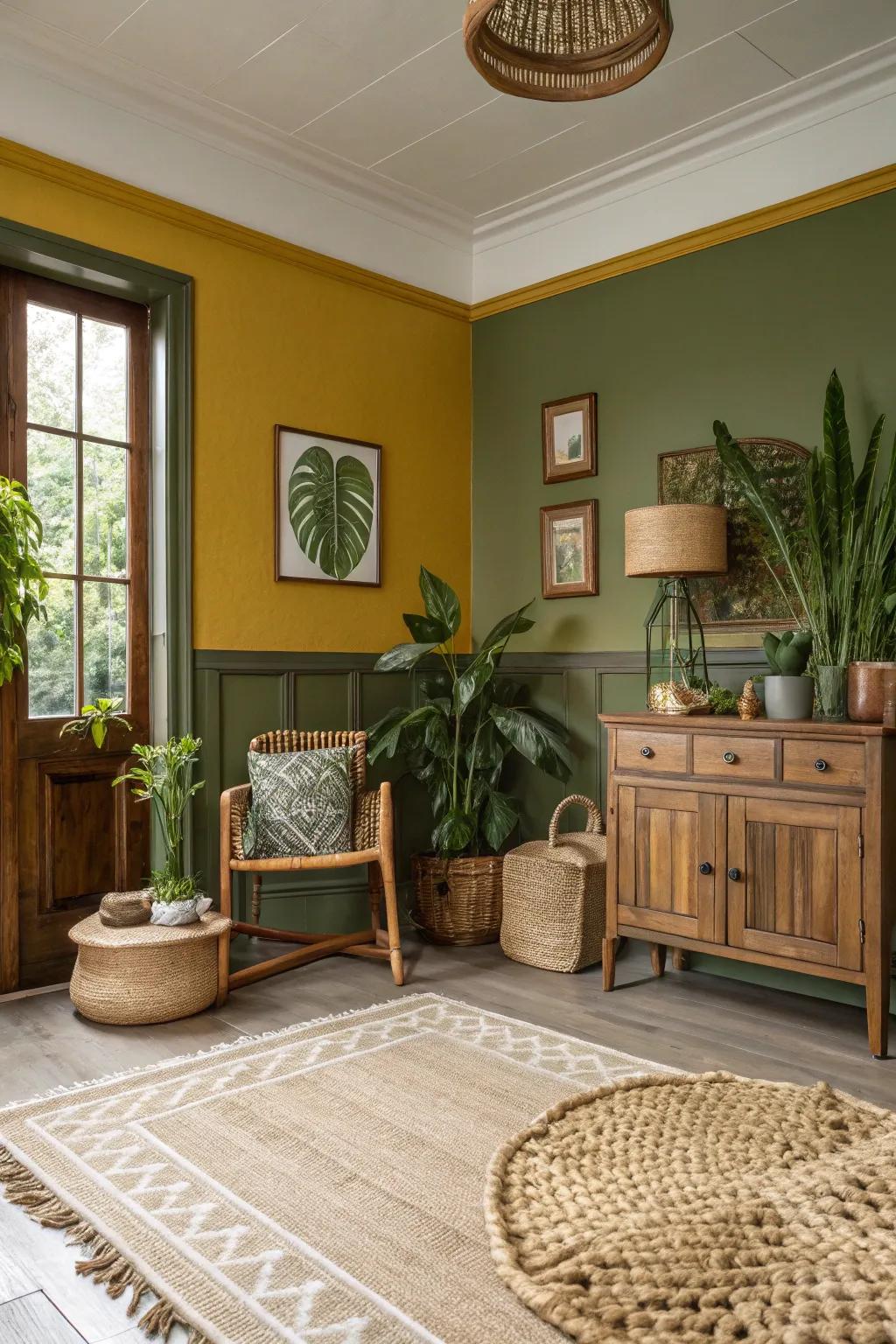 Earthy and welcoming with olive green walls and mustard trim.