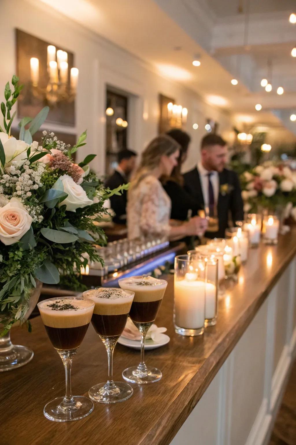 Signature coffee cocktails at a wedding coffee bar.