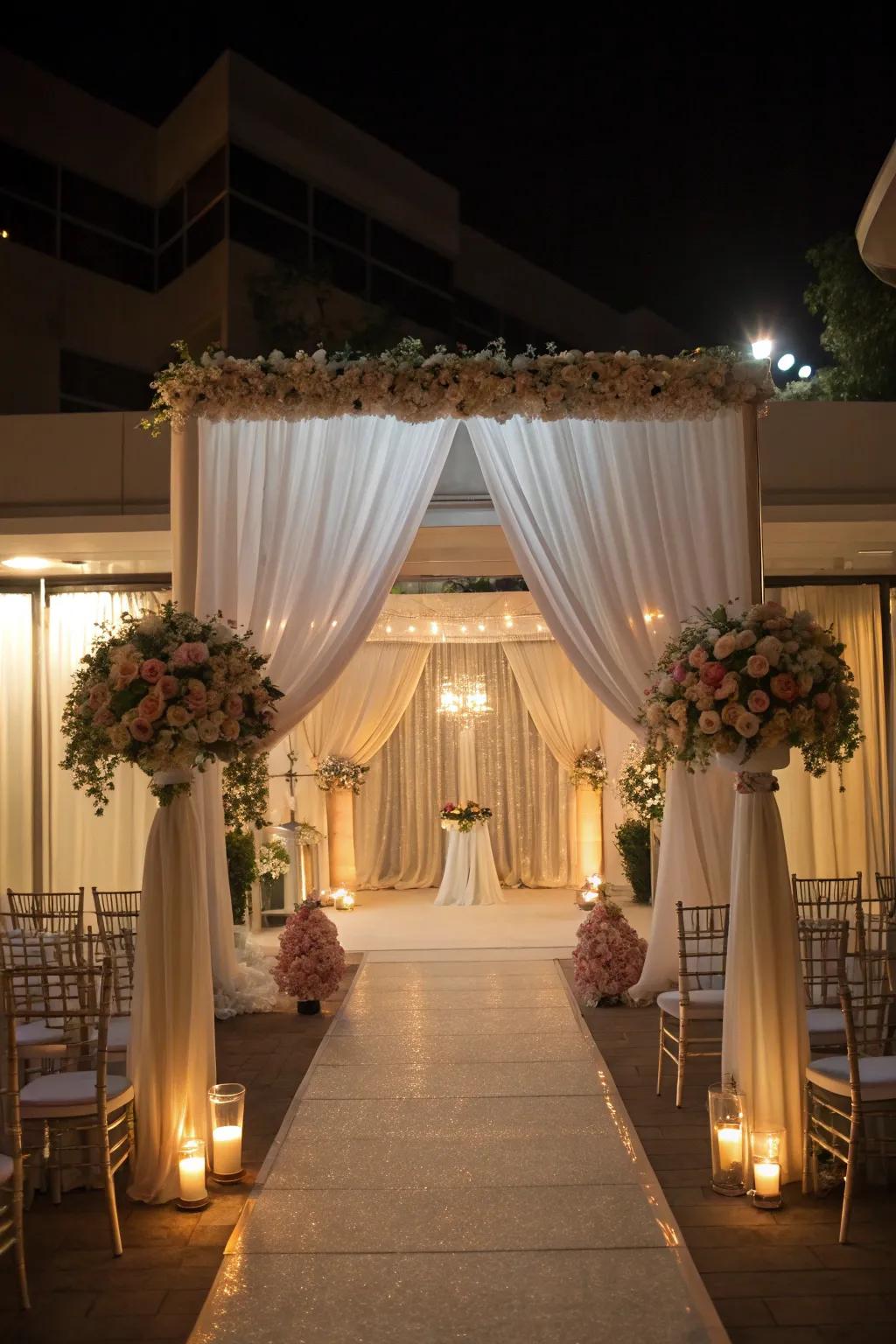 A wedding venue transformed with drapery, creating an intimate and romantic atmosphere.