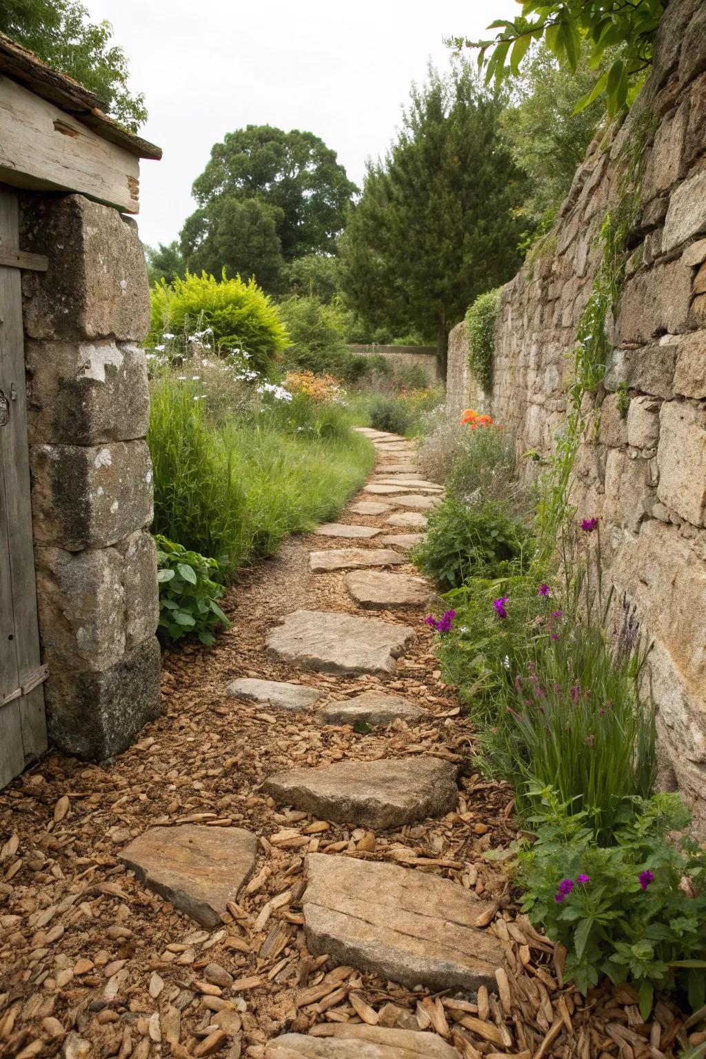 Wood chips provide a rustic and natural touch to flagstone paths.