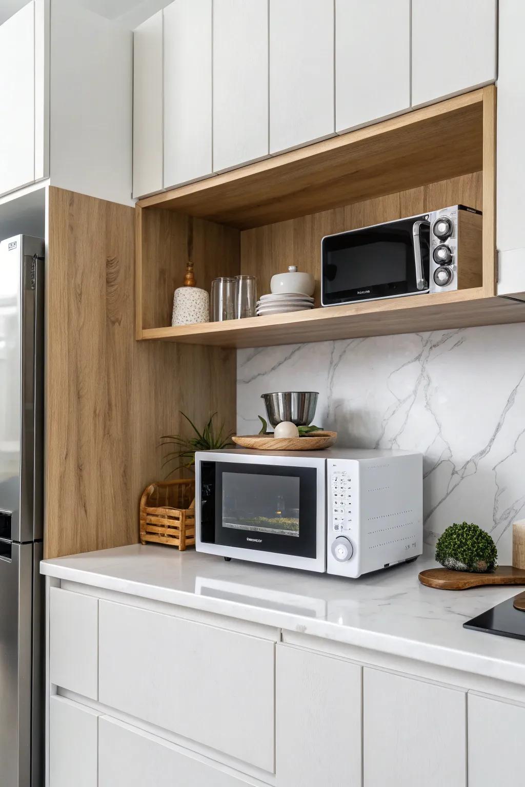 An open shelf microwave offers easy access and enhances kitchen style.