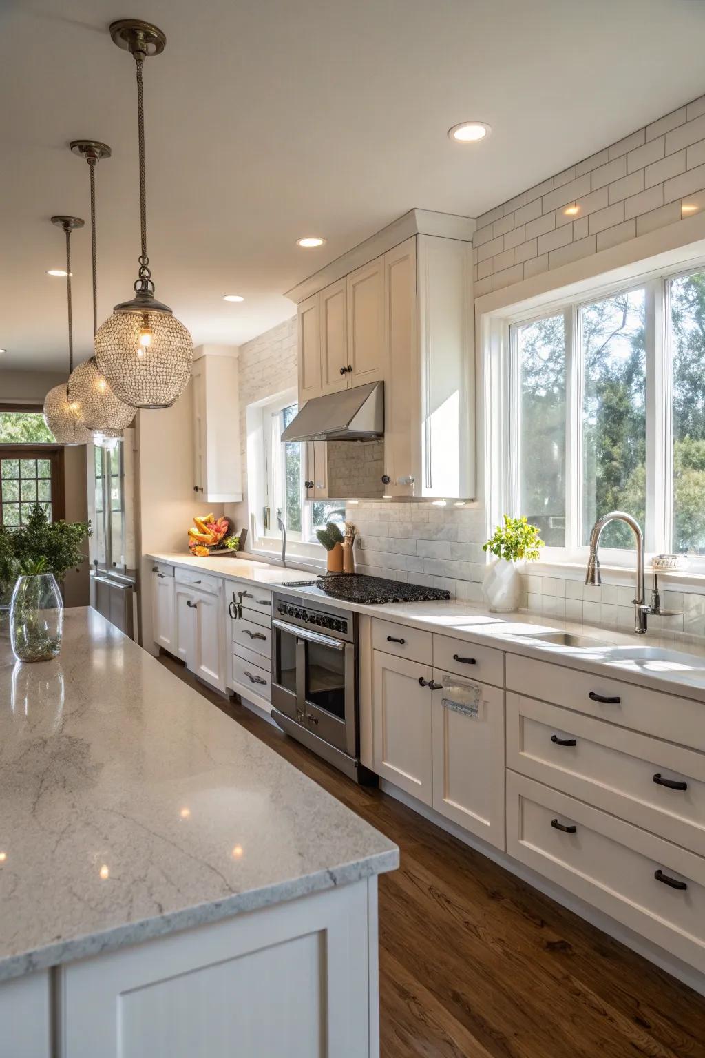 Quartz backsplash beautifully enhanced by natural light in the kitchen.